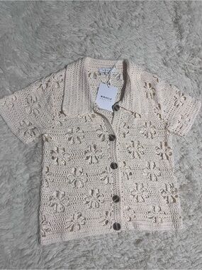 Miracle Cream Crochet Button-Front Top NWT